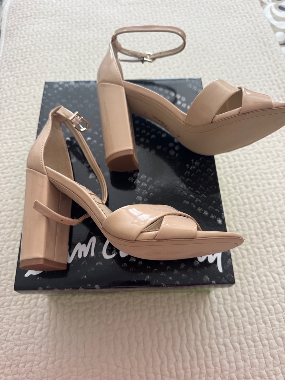 Sam Edelman Blush Patent Cross-Strap Block Heels - Picture 2 of 4